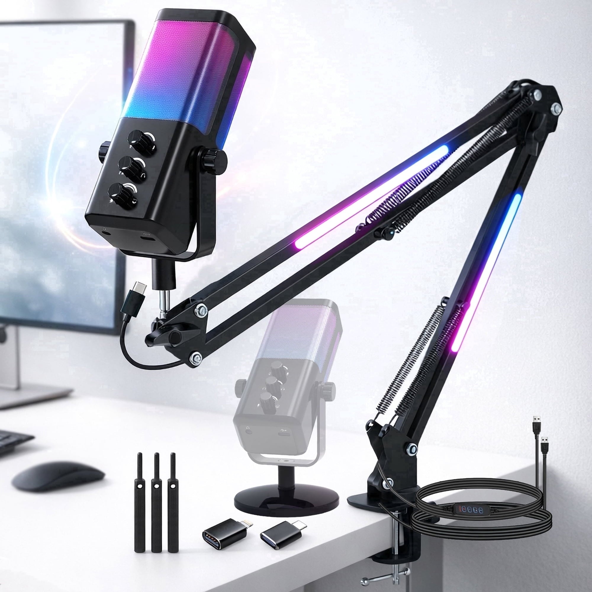 EZBY Gaming USB Microphone with RGB Boom Arm Stand,Noise Cancellation,RGB Lighting,14mm Core,Cardioid,Type-C Plug & Play for PC/PS5/Streaming
